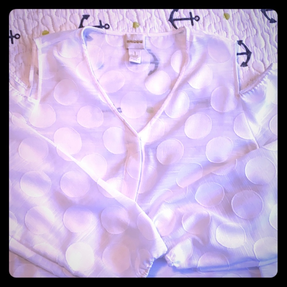 White on white polka dot long sleeve blouse